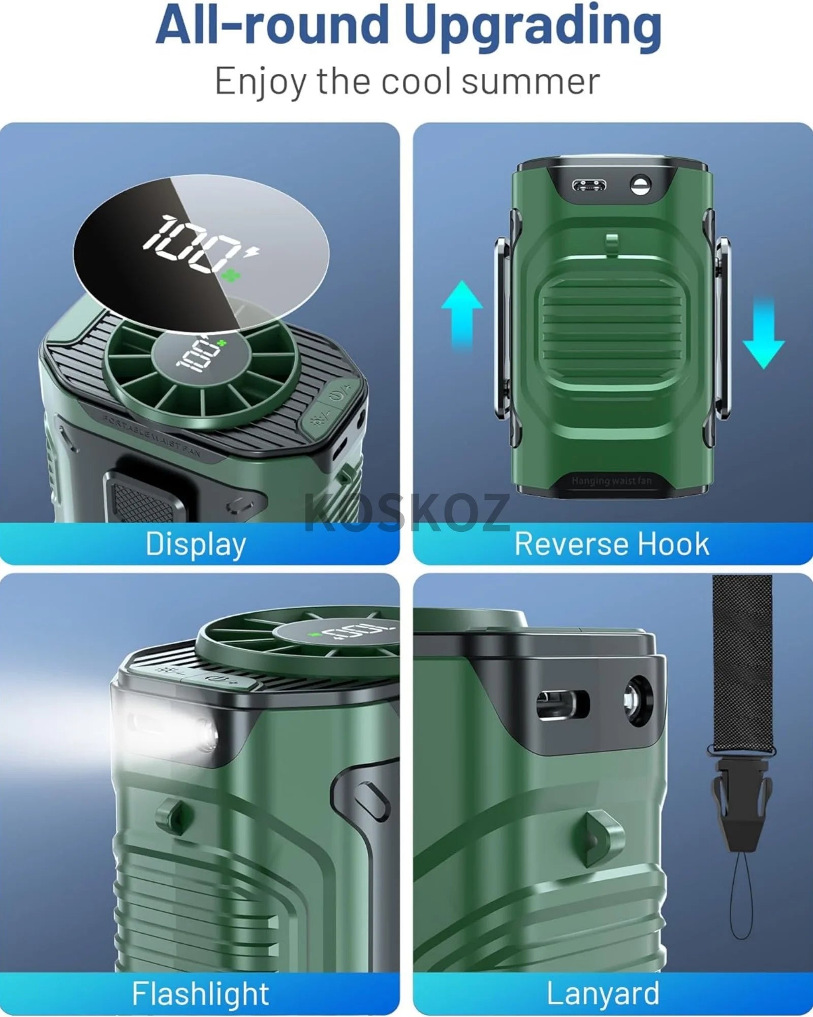 Portable, Clip-On Waist Fan - 10 Speed, Wearable, Flashlight, Powerbank