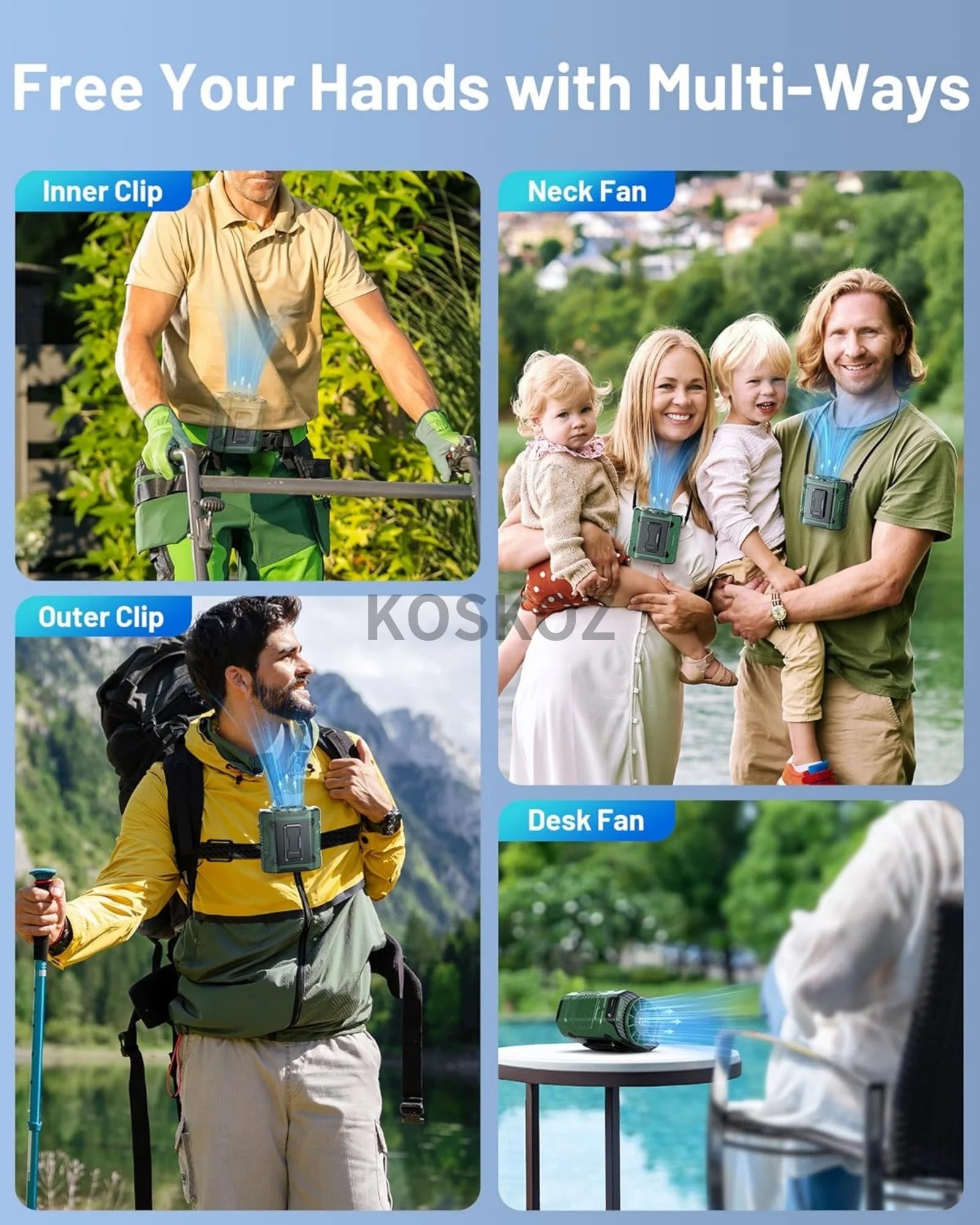 Portable, Clip-On Waist Fan - 10 Speed, Wearable, Flashlight, Powerbank