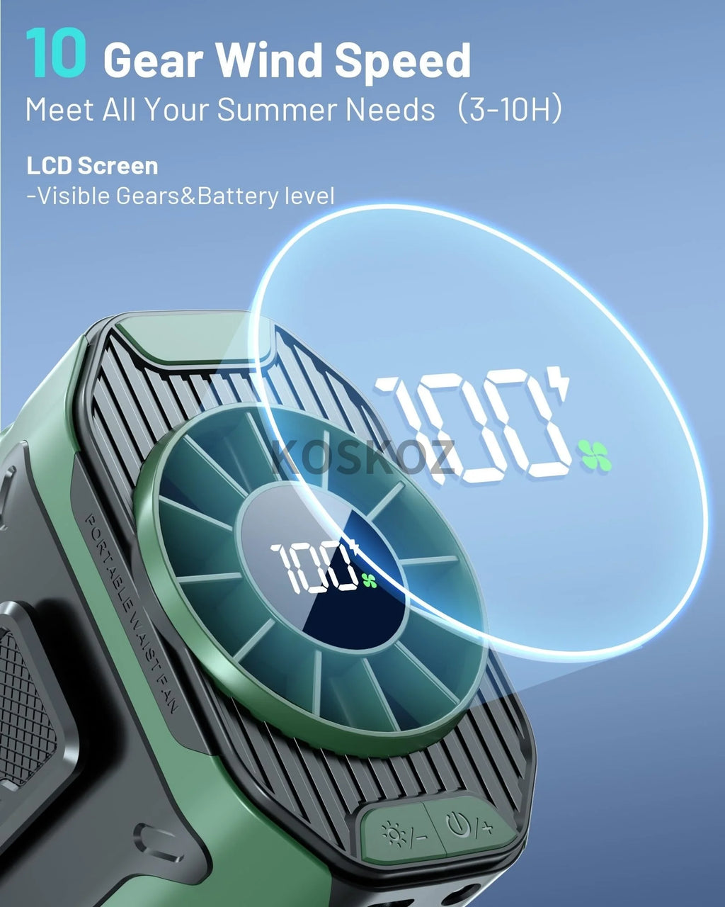 Portable, Clip-On Waist Fan - 10 Speed, Wearable, Flashlight, Powerbank