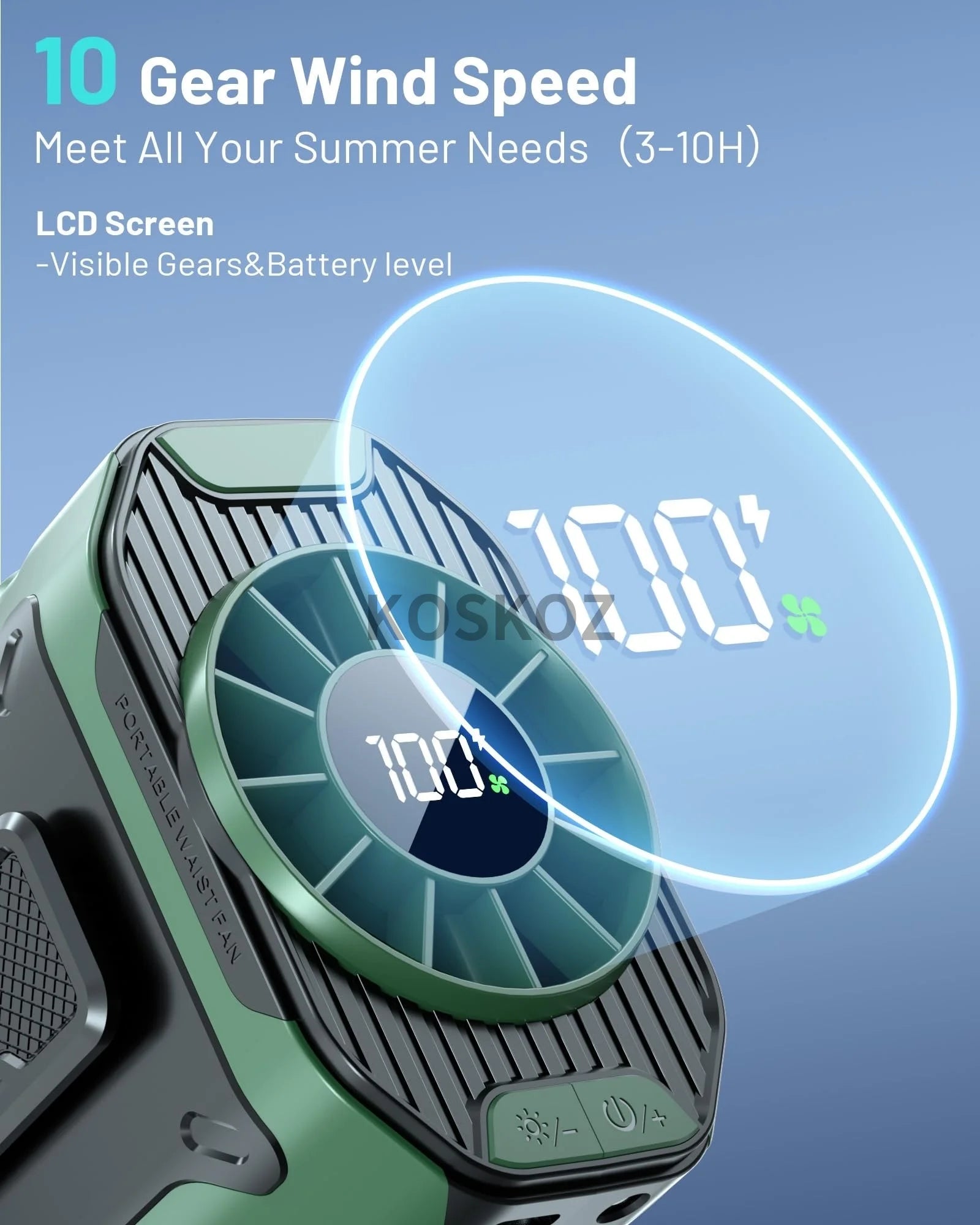 Portable, Clip-On Waist Fan - 10 Speed, Wearable, Flashlight, Powerbank